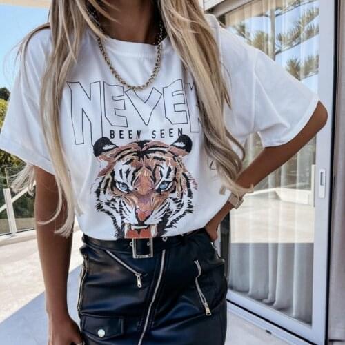 Fashion Black T-shirt Tiger Head Pattern T-shirt Womens Short Sleeve O-Neck T-shirt Fashion Womens T-shirt Casual T-shirt