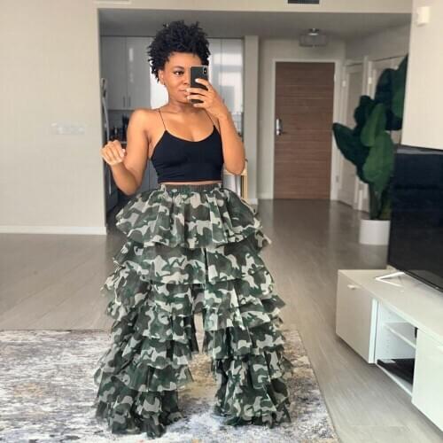 Fashion Camo Pants Tulle Tiered Elastic Waistband Women Printed Camouflage Pants For Women Puffy Tiered