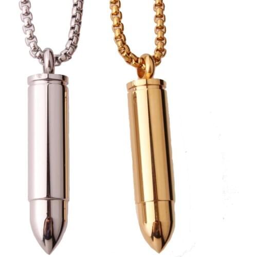 Rock Stainless Steel Smooth Removable Bullet Strong Mens Boys Jewelry Pendant Necklace With Vertical Cross Link Chain 24inch