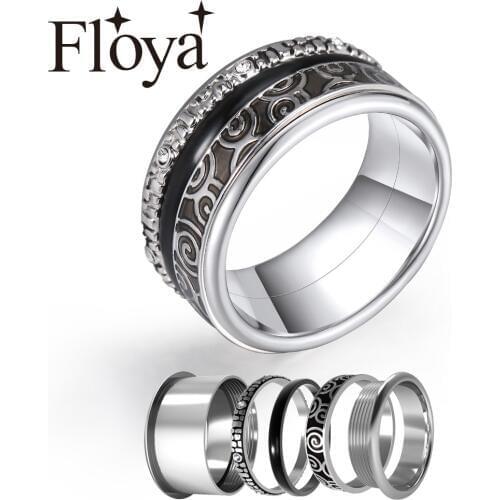 Floya Black Rings Set Bijoux Big Band Interchangeable Rings Statement 361L Vintage Stainless Steel Wedding Band Ring