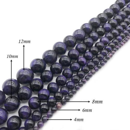 Natural Stone Deep Purple Loose Beads Round Tiger Eye DIY Beaded for Women Jewelry Making Bracelets Necklaces J136