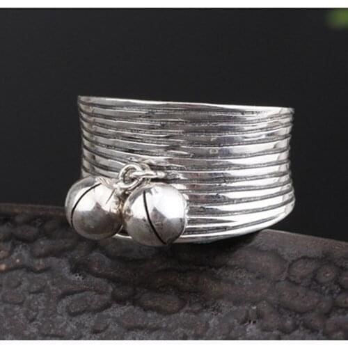 BOCAI New real s925 sterling silver jewelry antique handmade silver bells solid 925 silver open female ring