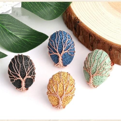 Wholesale 6pc/lot New Artificial Wound Rose Gold Adjustable Open Ring Natural Egg-shaped Colored Volcanic Rock Ring Free Size