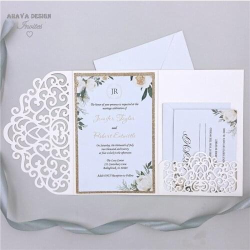 Ivory Floral Wedding Laser Cut Invitation, Elegant Invite For Marriage With Envelope {Free Infinite Design Before Pay