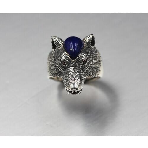 Real 925 silver ring, Thai silver lapis lazuli inlaid wolf head ring, old hand-carved silver ring