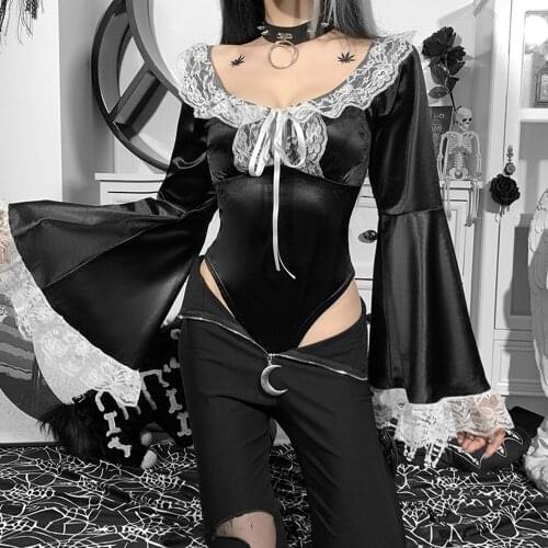 Rosetic Black Sexy Bodysuits Women Jumpsuit Short Gothic Bodysuit Autumn 2021 Flared Long Sleeve Lace Up Fashion Overalls Female