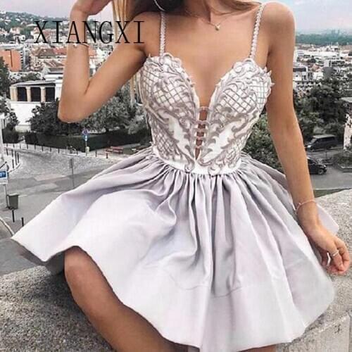 Sexy Spaghetti Strap Homecoming Dresses 2020 Lace Appliques Above Knee Short Mini Party Dress Graduation Gowns Silver Homecoming
