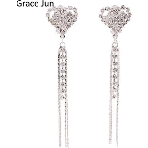 Grace Jun New Heart Tassels Rhinestone Clip on Earrings no pierced for Women Party Charm Jewelry No Hole Ear Clip Bijouterie