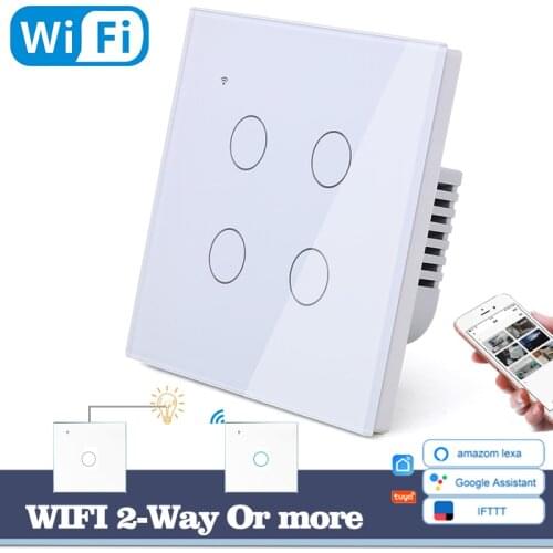 WIFI Touch Light Wall Switch White Glass Blue LED Universal Smart Home Phone Control 4 Gang 2 Way Round relay Alexa Google Home