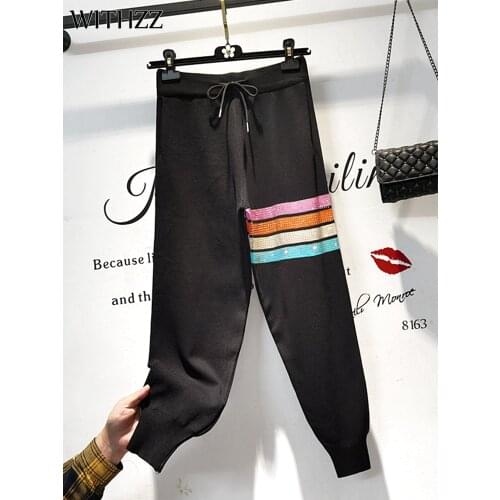 WITHZZ Women Spring Autumn Comfortable Hotfix Rhinestone Stripe High Waist Trousers Loose Sports Casual Harem Pants