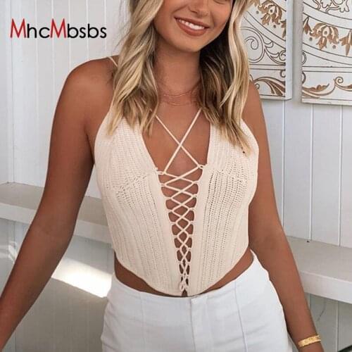 Y2k Sexy Knitted Backless Hollow Out Crop Top 2021 Summer Sleeveless Lace Up Bandage Halter Tops Outfits Club Party Corset