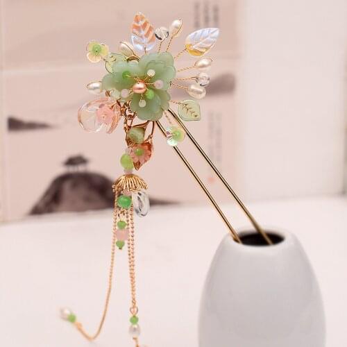 Traditional Lampwork Hair Clasp Flowers Freashwater Pearls Long Tassel Hair Stick Hairpins Ancient Chinese Hanfu Hair Jewelry
