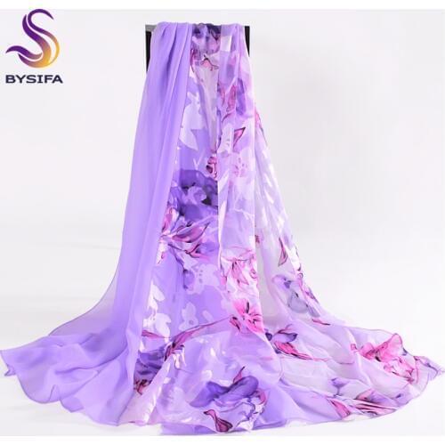 [BYSIFA] Purple Silk Scarf Cape Ladies Autumn Winter Chiffon Patchwork Floral Long Scarves Summer Women Beach Shawl 180*80cm