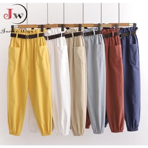 Women Summer Casual Cargo Pants 2021 Spring Loose Solid High Elastic Waist Girls Ankle-Length Cotton Trousers With Belt Pantalon