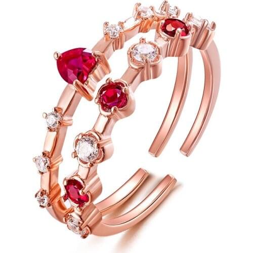 2pcs/Set Korean Cute Heart Shaped Ruby Color Cubic Zirconia Adjustable Rings For Women High Quality Rose Gold Plated Jewelry