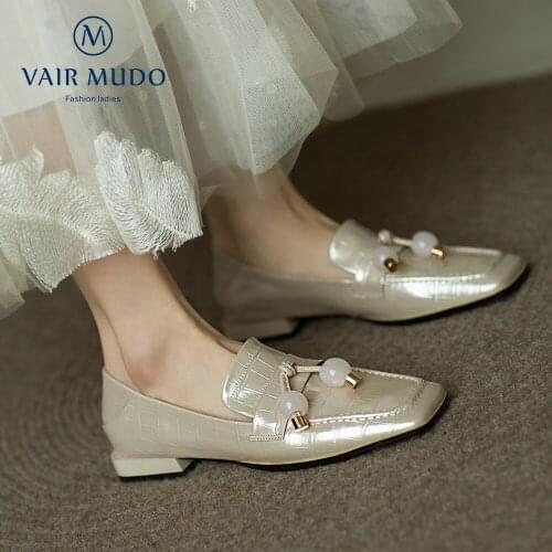 VAIR MUDO Women Pumps Shoes Basic Low Heels Spring Autumn Square Toe String Bead Solid Slip On Black White String Bead D190L