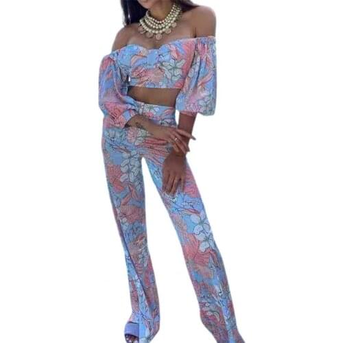 2 Piece SetsTops +Elegant Long Pants Autumn Top Pants Set Floral Print Off Shoulder Women Half Sleeve Blouse Trousers 3XL