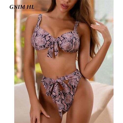 GNIM High Waist Snake Print Bikini Swimsuit Women 2020 Sexy Hollow Out Bather Suit Women Two Pieces Bandage Brazilian Swimsuit