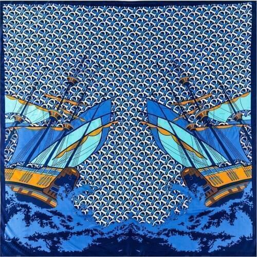 POBING Silk Scarf Women Boat Print Stoles Square Scarves Wraps Large Bandana NecKerchief Lady Hijabs Female Silk Foulards 130CM