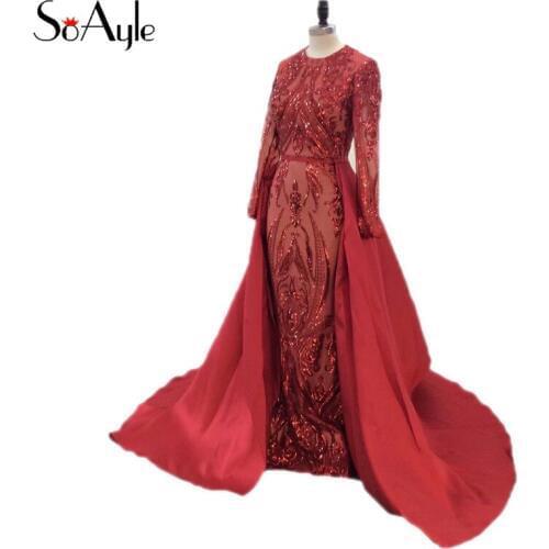 SoAyle Red Sequined Detachable tail Evening Dress Long Sleeves O neck Prom Dress Plus Size Robe De Soiree Birthday Party Dress