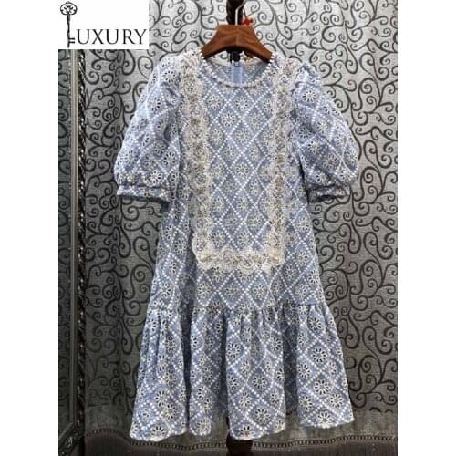 2020 100%Cotton Summer Embroidery Women Appliques Lace Beading Deco Short Sleeve Casual Vintage Dress Blue White Pink