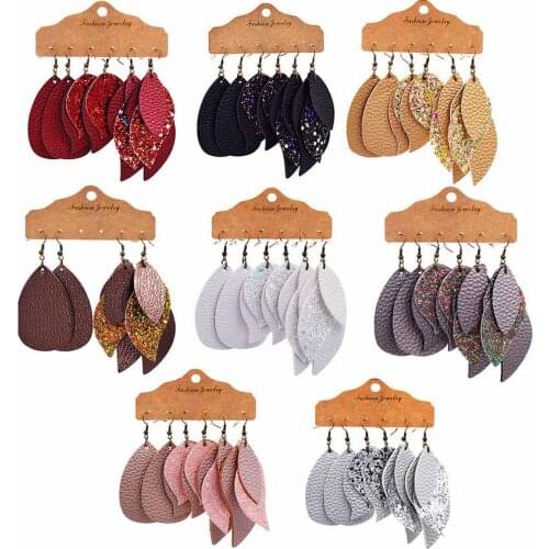 3 Pairs/Set Layered Leather Glitter Leaf Dangle Earrings for Women New Autumn Earrings Christmas Gifts Jewelry Free Shipping