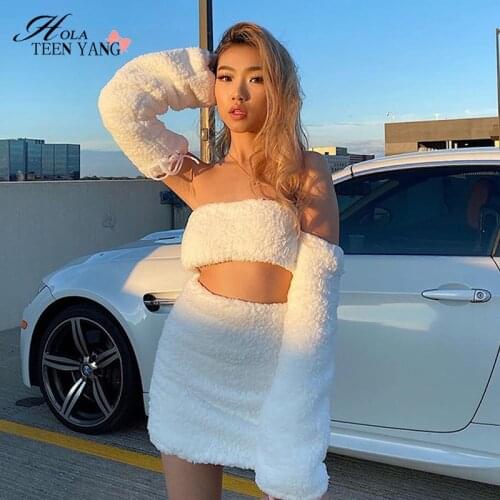 Hola TeenYang Women 2 Two Pieces Set Skirt and Crop Tops Fluffy Fur Sexy Strapless Solid Bandage Tops Streetwear Party Garment