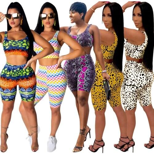 Zaggin 2021 Autumn Hot Fashion Print 5-colors Sets 2-pieces O-neck Sleeveless Skinny Short Pant Sets Sexy Leisure Suit Home