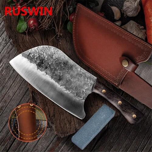 Forged Butcher Knife Traditional Handmade Kitchen Knife Hammer Stainless Steel Chefs Chopper Knife Sheath Sharpener Stone Tools