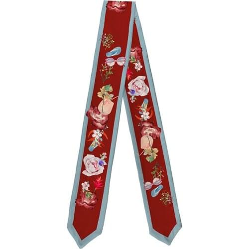 Red Color Floral Style Narrow Long Scarf Headband Choker Bag Scarves Small Ribbon Neckerchief Skinny Accessories CJ98