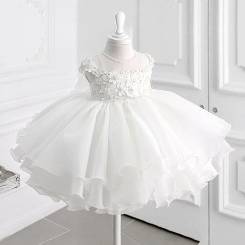 Cute Baby Girl First Birthday Dress Applique Lace O Neck Princess Knee Length Baptism Gown Christmas Dress