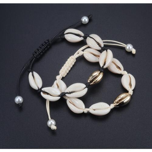 Summer Jewelry Women Shells Bracelets Rope Gold Color Natural Sea Shell Knit Bracelet Bangle Adjustable Beach Armband Girl Gift