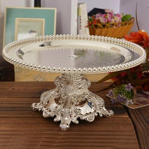 European Shiny Silver Plating 10 inches Round Footed Metal Alloy Cake Tray Fruit Display Plate