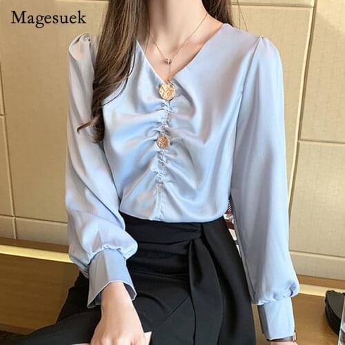 2021 Autumn New Korean All-match V Neck Plus Size Women Office Lady Style Solid Womans Blouses Womens Shirts Long Sleeve 10491