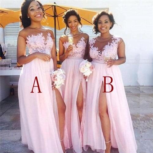 Coycomylod Robe demoiselle d'honneur Sexy Slit Pink Lace Bridesmaid Dresses Long See Through Appliques Wedding Party Gowns