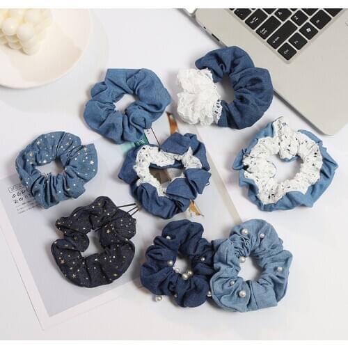 New Arrived Women Denim fabric bead lace Hair Bands Scrunchies Girls fashion Accessories Ponytail Holder