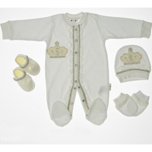 Unisex Baby Ecru Hospital Output Luxury Lace Pearl Princess Rompers Crowned 4lü Set Maternity Gift Newborn Essentials Natural