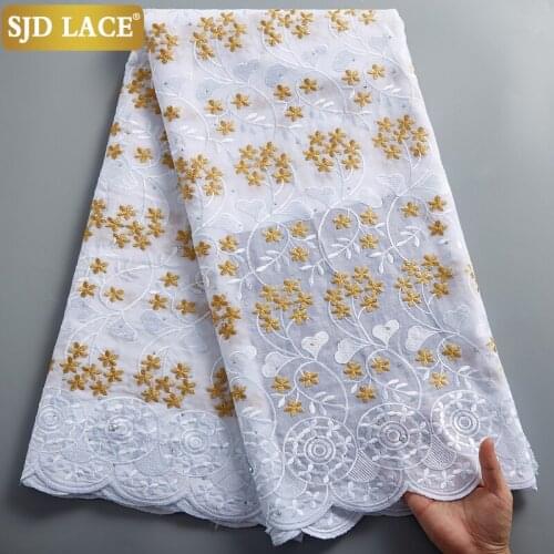 SJD LACE Withe Embroidery Golden African Dry Lace Fabric 5Yards Garment Materials Swiss Voile Lace In Switzerland For PartyA2384