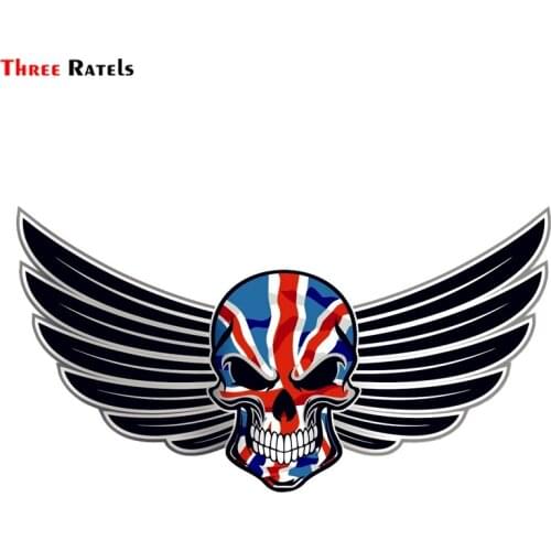 Three Ratels FTC-796# 20x10.7cm Gothic Skull With Wings Motif Union Jack British Flag External Vinyl Car Sticker Decal