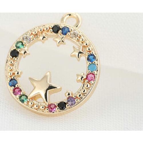 13*15MM Gold Plated Brass and Zircon Star Charms Pendants Round Necklace Charms High Quality Jewelry Making Accessories
