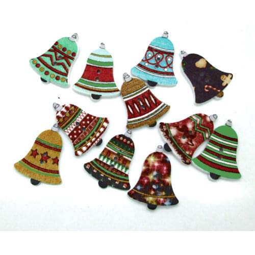50pcs 24x19mm Random Mixed Christmas Bells Pattern Wooden Buttons For Clothes Crafts Sewing Scrapbooking DIY Accessories