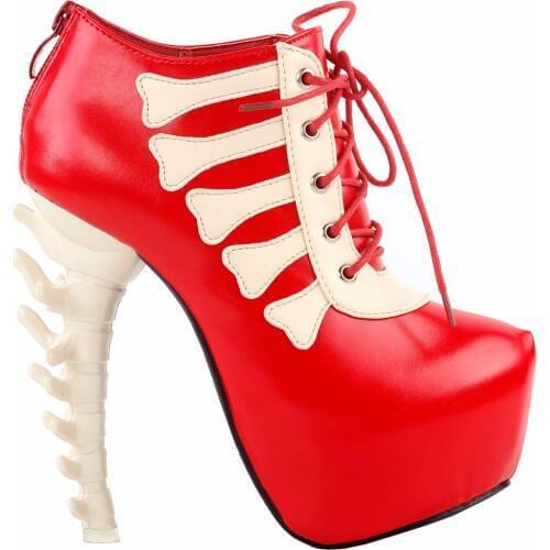 LF80649 Punk Black White Skull Two Tone Lace Up High-top Bone Heels Platform Ankle Boot