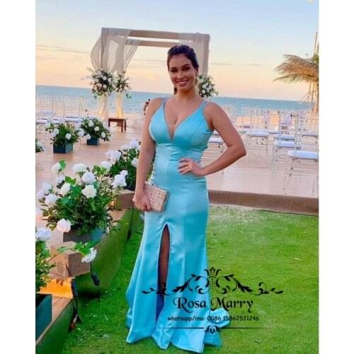 Elegant Party Gowns Satin Sexy Prom Dress Blue High Split Cheap Simple 2021 Long Vestido Fiesta De Largos for Women