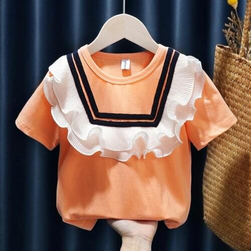 Girls T-shirt 2021 summer new lace round neck short sleeve top childrens 3-5 baby T