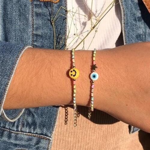 Go2Boho 2pcs Evil Eye Bracelet Smiley Face Bracelets For Women Hematite Star Colorful Beaded Adjustable Pulseras Fashion Jewelry