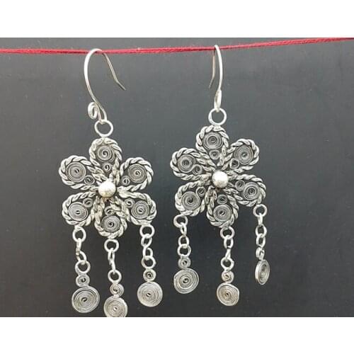 Personality antique Tibetan silver lotus long flow Su Miao tremella earrings handmade folk ornaments female free shipping