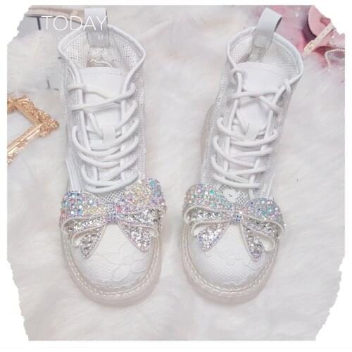 Ins lace bow Martin boots big head lace soft girl Lolita boots flat heel high-heeled round-toe boots