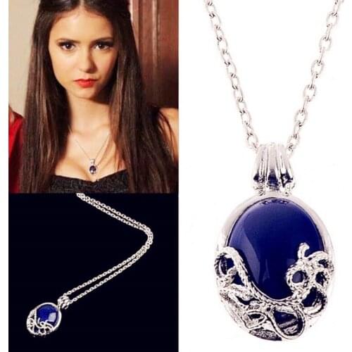 Classic Movie Necklace The Vampire Diaries Necklace Katherine Anti-sunlight Blue Stone Gem Opal Pendant Necklace Women Gift