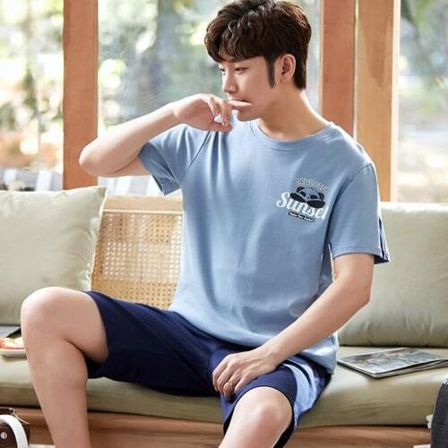 Summer Men Pajamas Set Cotton Short Sleeved Mens T-shirts Nightwear Fashion Plus Size Blue Cartoon Panda Print Sleepwear Male