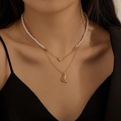 Fashion Pearl Necklace Stainless Steel Gold Plated Small Feet Pendant Double Necklace Party Jewelry Simple Trend Clavicle Chain